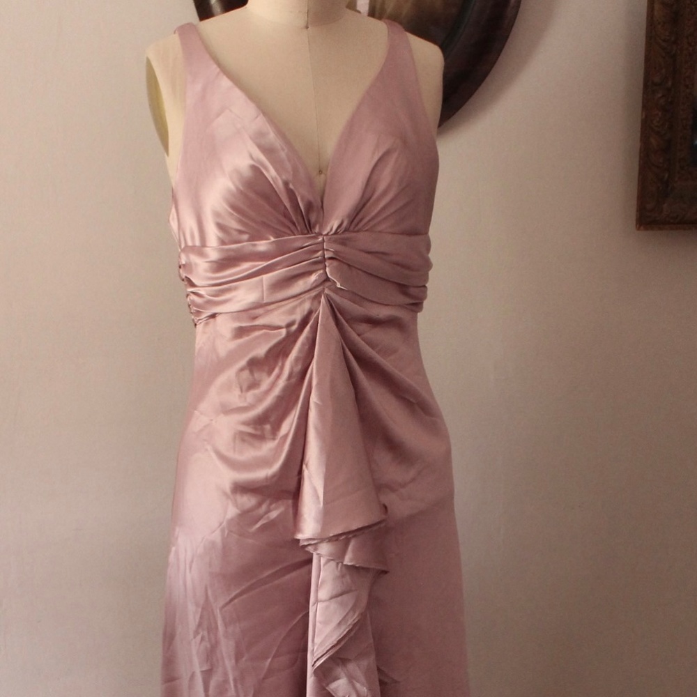 2000's Betsy & Adam Pink Satin Waterfall Hem Evening Gown Prom Dress